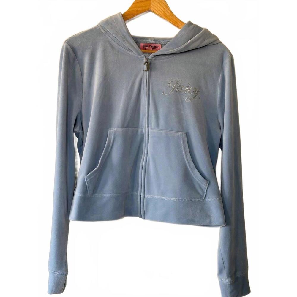 Juicy Couture Frosted Blue Velour Hoodie Bling Rhinestone Logo Y2K Women's XL